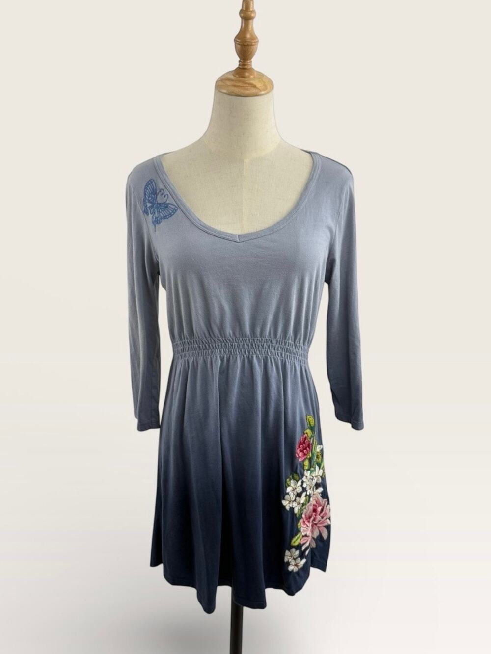 JW (Johnny Was) Los Angeles Boho Blue Ombre Embroidery Dress